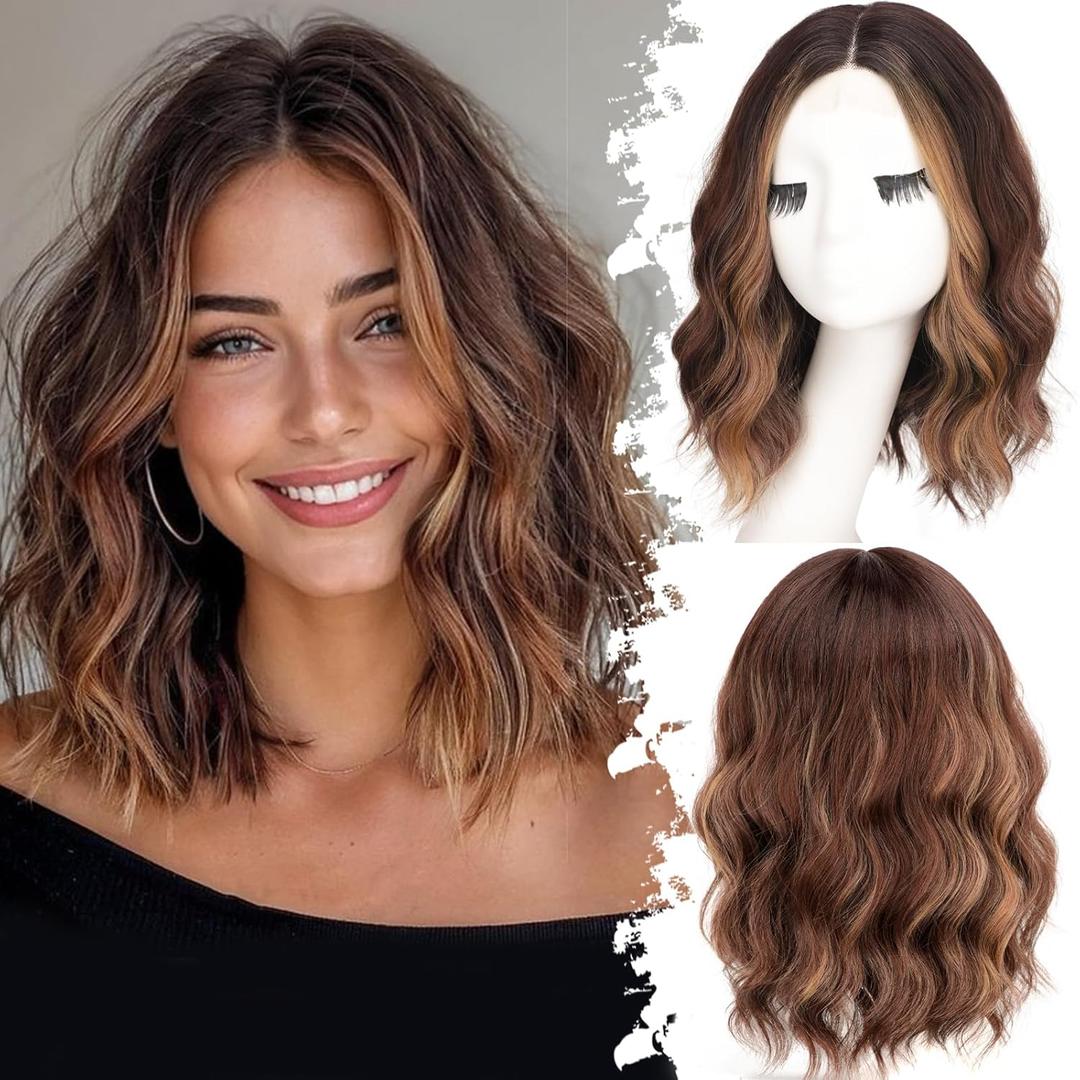 Chestnut Highlight Short Wavy Wig for Women Lace Hairline Bob Style Synthetic Heat Resistant - Natural Appearance for Everyday Hairstyle 14 Inch