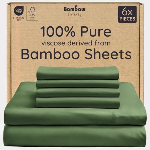 Bambaw 100% Viscose Derived from Bamboo Queen Sheet Set 6 Piece, Queen Size Cooling Sheets for Hot Sleepers, Super Soft Sheets, Deep Pockets Fits Up to 16'' Mattresses (Olive)