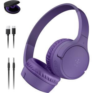Belkin SoundForm Mini - Wireless Bluetooth Kids Headphones, 30H Battery, 85dB Safe Volume Limit, Built-in Microphone - Toddler On-Ear Earphones for iPhone, iPad - Ideal for School - Purple w/Case