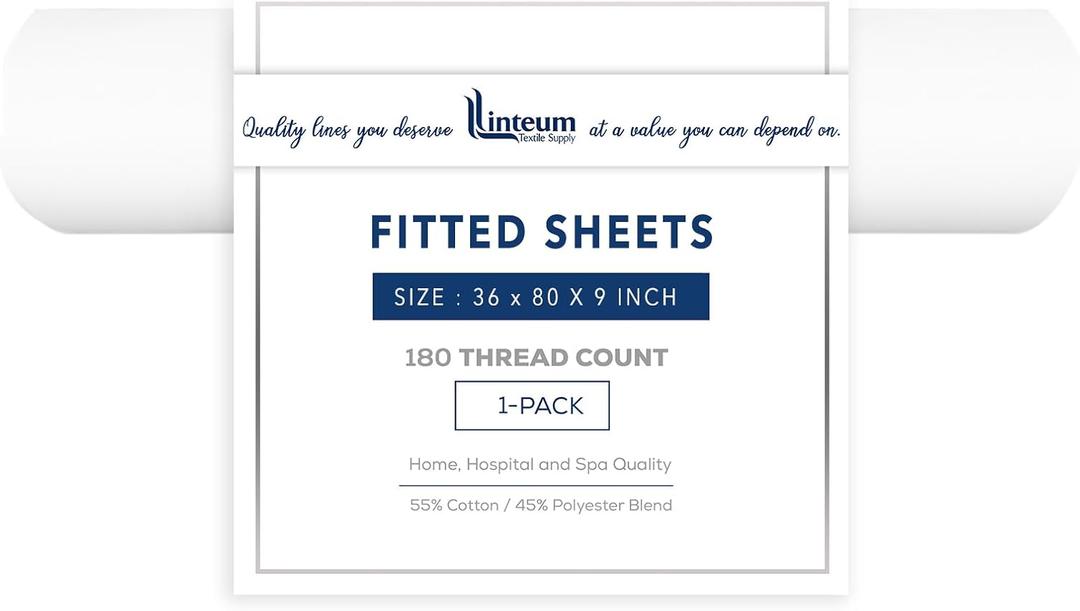 Linteum Textile Supply White Fitted Sheet Twin 36x80x9 Inches 1-Pack Poly Cotton Blend 180 Thread Count Durable Breathable Easy Care Bottom Sheets for Hospitals, Hotels, Healthcare, Spa (36"x80"x9" Fitted Sheet)