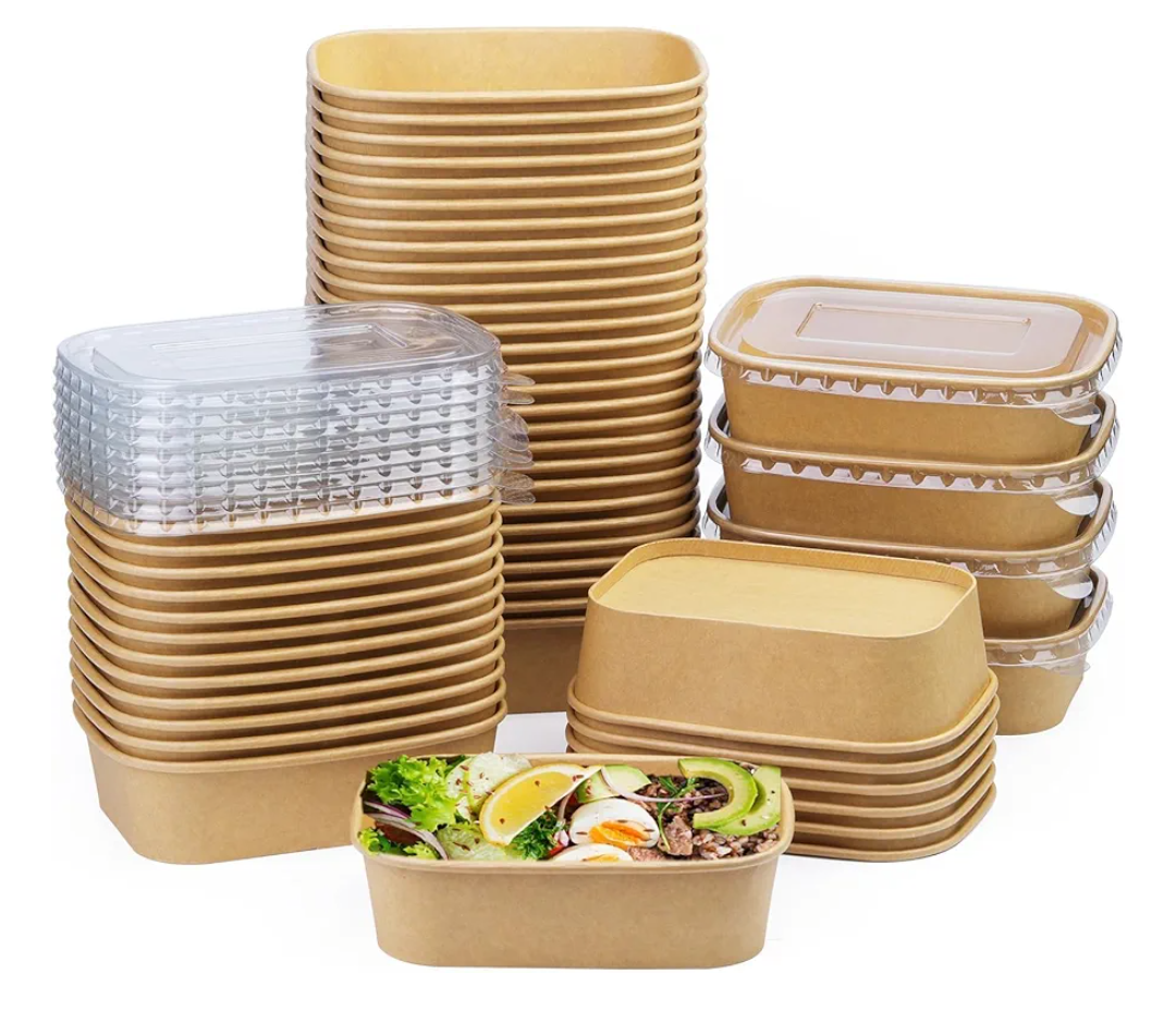 50 Pack 19 oz Paper Bowls, Disposable Food Containers with Lids, Rectangular Disposable Bowls, Disposable Salad Bowls with Lids for Diet Salad, Ice Cream, Yogurt, Party Food