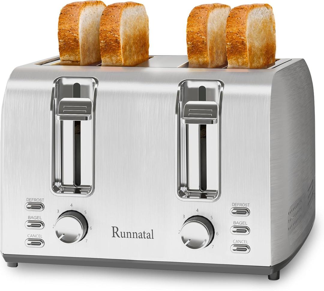Runnatal 4 Slice Toaster, Full Stainless Steel, Extra-Wide Slot Toaster with 7 Shade Settings and 3 Mode, Defrost, BAGEL, Cancel Functions, Easy to Operate and Clean 120V 1600W Silver Metallic