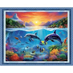 DMCVIVR Stamped Cross Stitch Kits for Adults Beginners Embroidery Kits 11CT Needlepoint Kits Cross Stitch Patterns Embroidery Patterns&Dolphin Sea World 16x20 inch (Handicraft43)