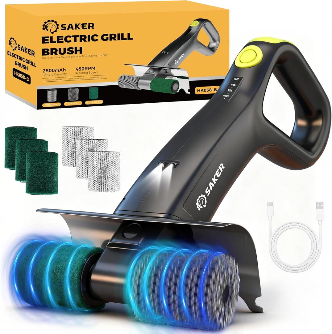 Saker Electric Grill Brush for Outdoor Grill, Bristle-Free Automatic Grill Cleaning Brush with 450 RPM & LED Light, Grill Rescue BBQ Brush Set with 3 Interchangeable Heads (Stainless Steel Roller Brush)