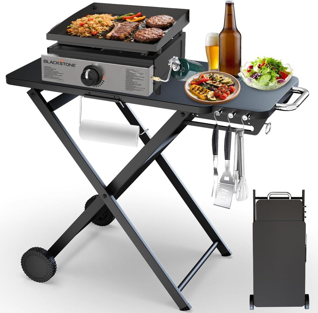 Grill Table Stand for Blackstone 17 & 22 Griddle, Ninja Woodfire Outdoor Grills, Ooni Pizza Oven, 34"x20" Foldable Grill Cart with Wheels and Handle for Camping & Backyard BBQ