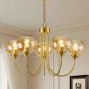 Mid Century Modern Globe Chandelier 5 Light Amber Glass Vintage Sputnik Chandeliers Gold Pendant Light Fixtures for Dining Room Kitchen Living Room Bedroom (Chain)