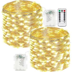 2-Pack Fairy Lights Battery Operated with Remote, Waterproof 66FT 200 LED Battery String Lights Outdoor Indoor, 8 Modes Twinkle Lights with Timer for Bedroom Wedding DIY Christmas Decor (Warm White)