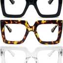 REAVEE 3 Pack Oversized Reading Glasses for Women Large Frame Extra Wide, Blue Light Blocking Readers Stylish Square Thick Eyewear, Black Leopard Clear,  +2.25