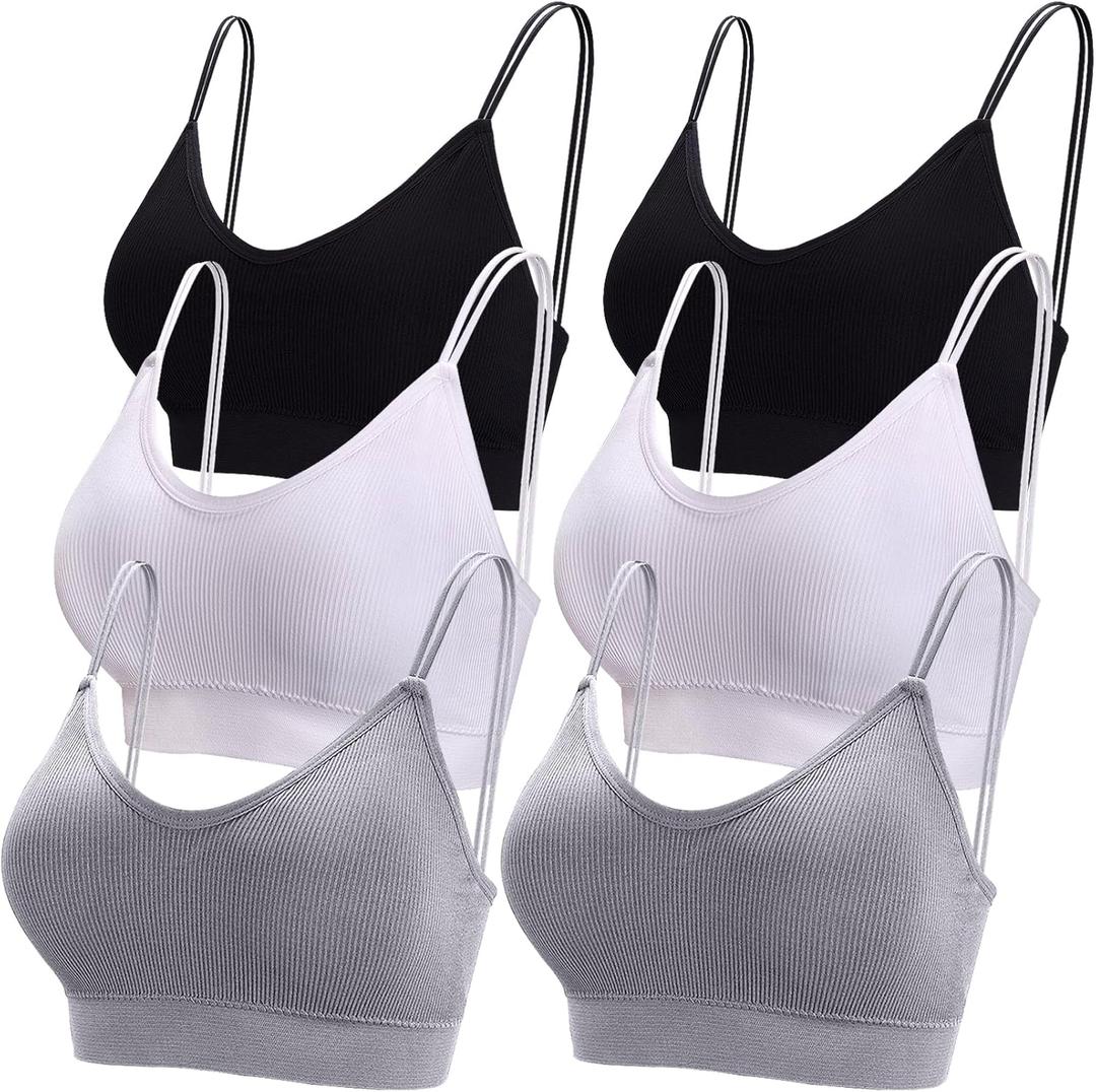 BQTQ 6 Pcs V Neck Bralettes for Women Padded Bralette with Straps Seamless Bra (Medium, Black, White, Gray)