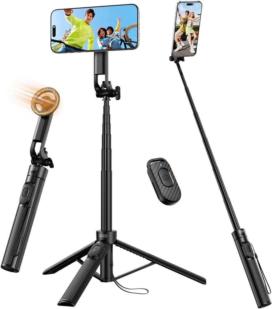 Magnetic Phone Tripod,51" Adjustable and Foldable Selfie Stick Tripod for iPhone with Remote,Strong Magnet Selfie Stick Stand for Traveling, Recording,Taking Selfies and Live Streaming