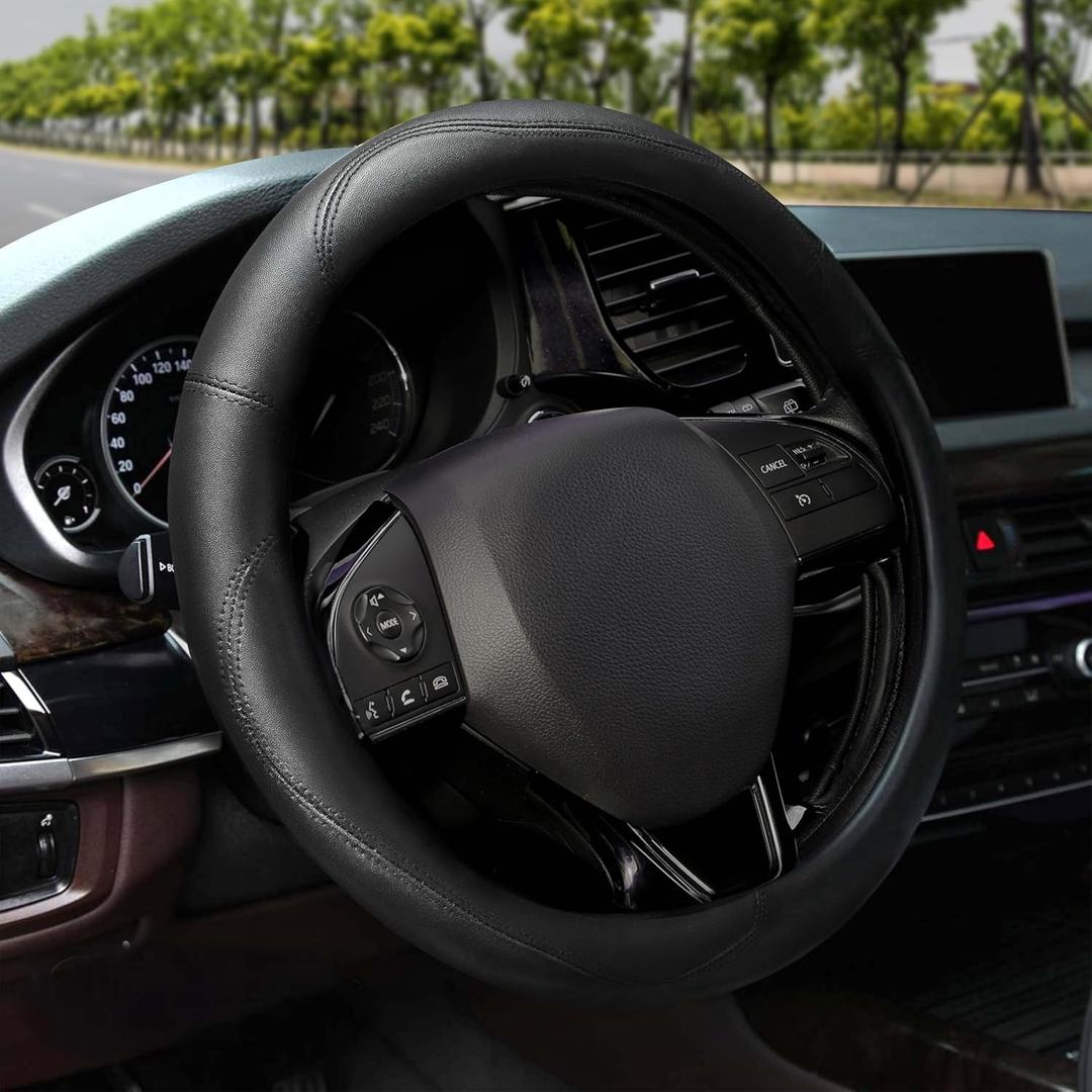 EcoNour Car Steering Wheel Cover | Premium & Durable PU Leather with Anti-Slip Design | Universal Fit 14.5" - 15" Steering Wheel Cover | Car and Truck Accessories - Black