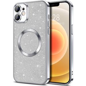 Hython for iPhone 12 Case Glitter, Clear Magnetic Phone Cases with Camera Lens Protector [Compatible with MagSafe] Bling Sparkle Plating Soft TPU Slim Shockproof Protective Cover Women Girls, Silver