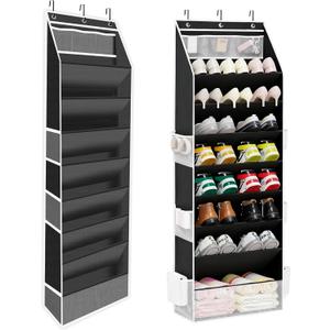 Shoe Organizer - Over the Door Shoe Organizer for Closet, Hanging Closet Shoe Storage with Large Deep Pockets, Holds 14 Pairs of Sneakers, Sandals, Boots, Black