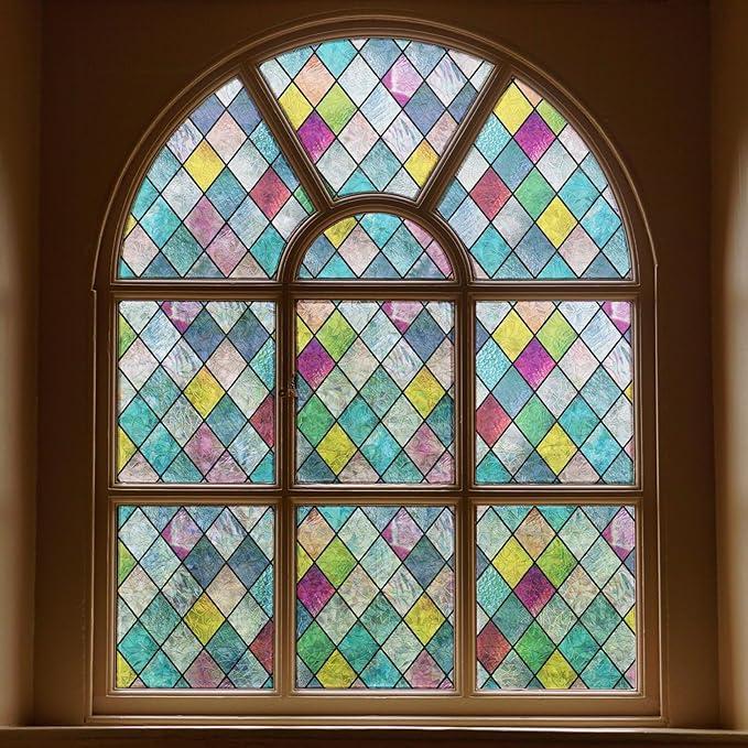 Stained Glass Window Film, Window Privacy Films, Colorful Lattice Window Tint, Rainbow Glass Decals Stickers for Home Anti UV 17.3 x 78.7 inches