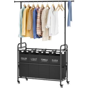 Tajsoon Laundry Sorter Cart with Hanging Clothes Rack, 4 Butler Sorter Basket Organizer, Laundry Hamper Cart with Heavy Duty Rolling Lockable Wheels, Black