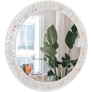 Mosaic Mirrors for Wall 30 Inch, Natural Mother of Pearl Inlay White Framed Round Mirror for Bathroom, Bedroom or Entryway