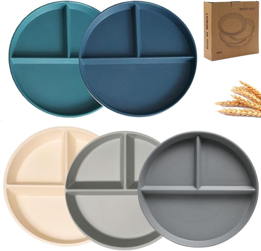 K Y KANGYUN 5 PCS Unbreakable Divided Plates for Adults 9in, Deep Dinner Plates, Divided Design for Picky Eaters,Compartment Plates, Lightweight Reusable Plastic Portion Control Plates