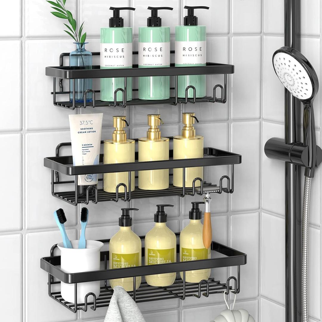 Cusbus Shower Caddy, 3 Pack Organizer, Adhesive No Drilling Traceless Shelves, Rustproof SUS304 Stainless Steel Bathroom Shelf for Inside & Kitchen Storage (Black)