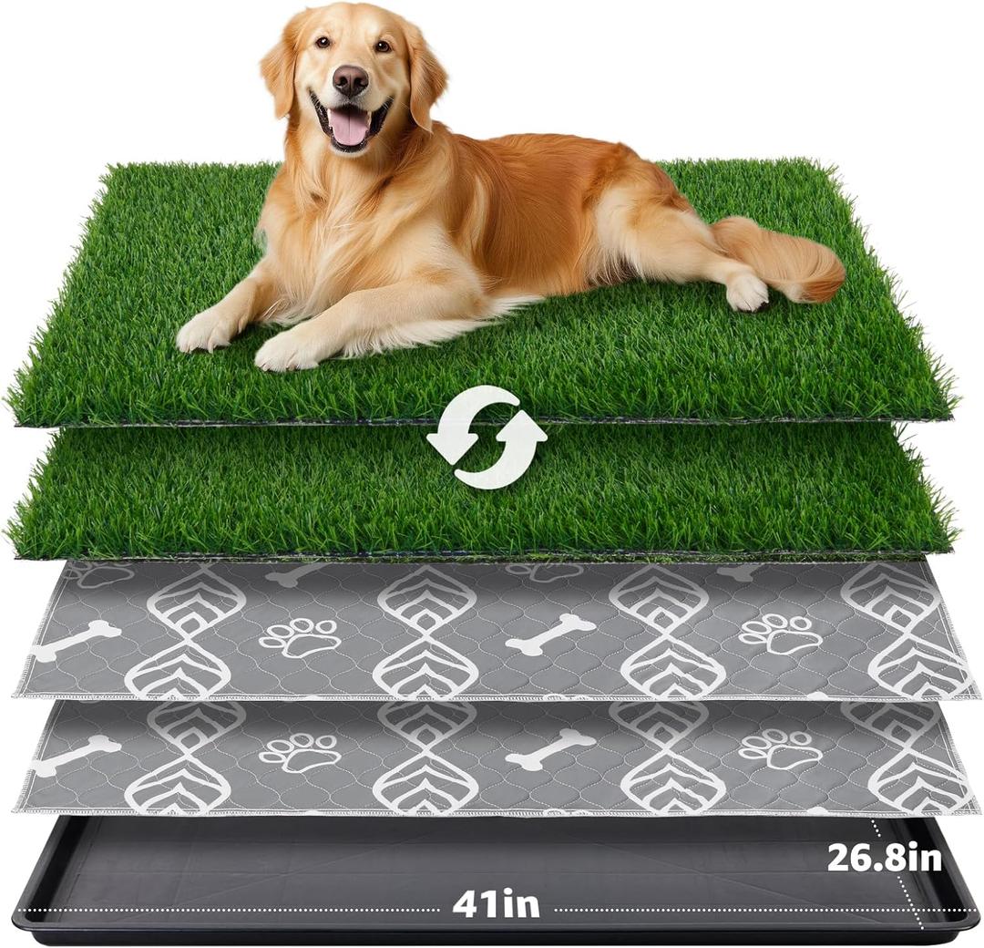 LOOBANI 41x27in Large Dog Litter Box with 2 Artificial Grass Patch + 2 Washable Pee Pads, Quickly Absorbency Portable Patio Potty for Balcony Apartment Use