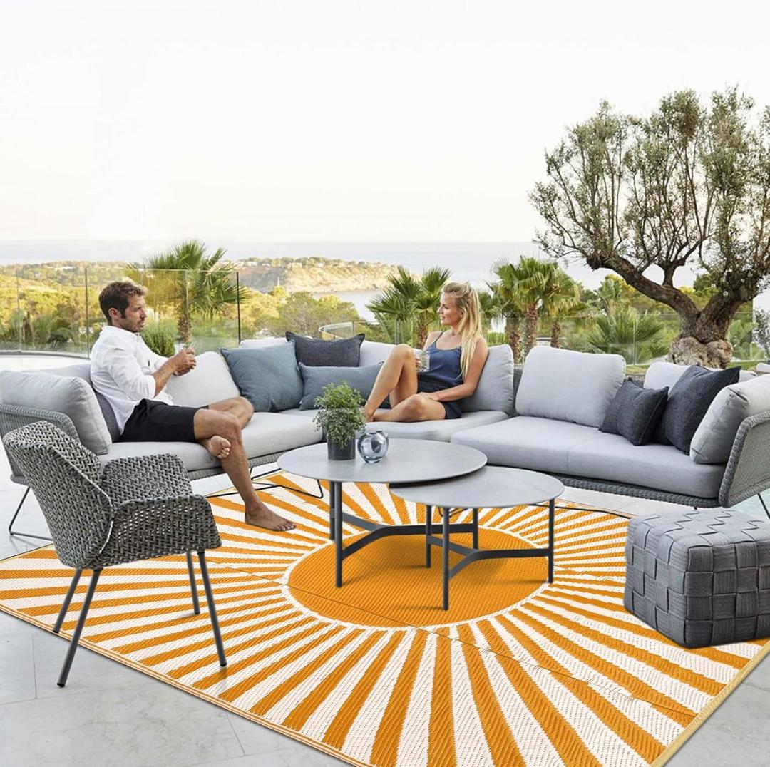 Anidaroel Outdoor Area Rugs 9x12ft Waterproof Clearance, Reversible Camping Rugs for Outside RV, Outdoor Plastic Straw Patio Rugs for Camping, Trailer, Backyard, Pool Deck, Picnic(Orange,9x12')