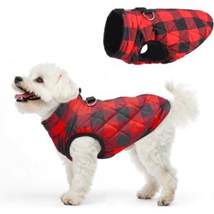 SCENEREAL Dog Winter Coat - Warm Jacket with Built-in Harness for Small to Medium Dogs, Waterproof, Fleece Puffer Vest, Windproof, Snow Clothes (M(Chest 16.5")-Regular, #2 Red Plaid-Gloss)