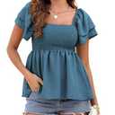 Women's Summer Peplum Tops Square Neck Ruffle Trim Short Sleeve Blouse Smocked Top Dressy Casual Shirts Blue Green M