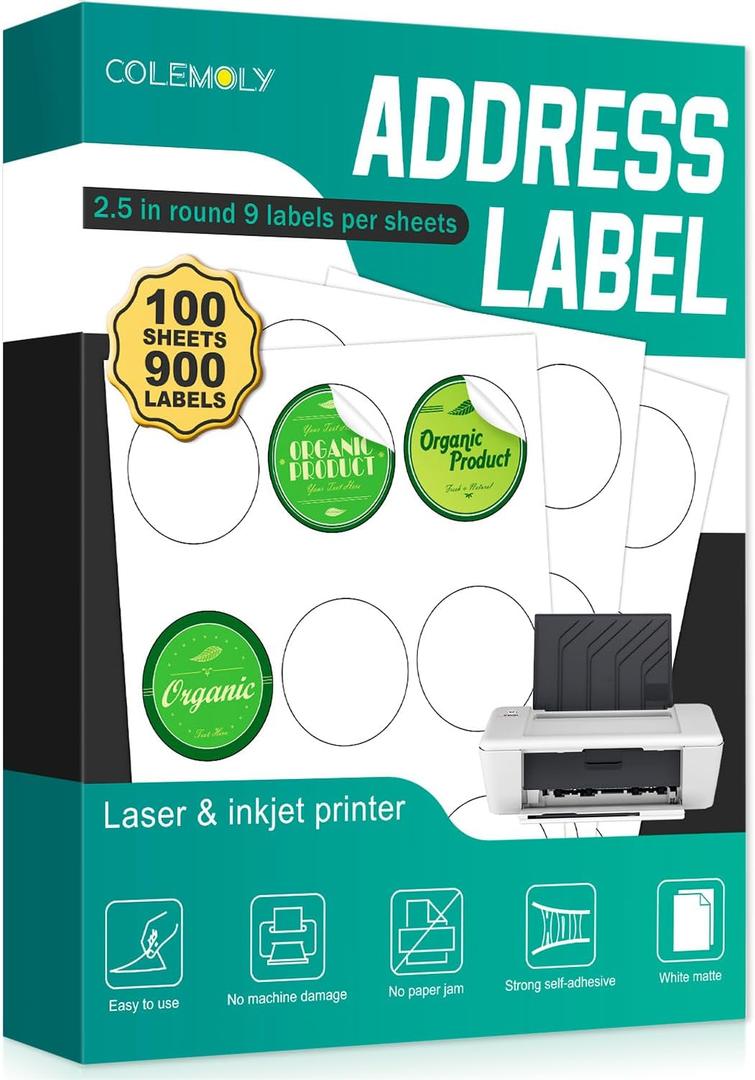 Colemoly Round Labels - 100 Sheets 2.5"(9 UP) Mailing Circle Sticker Paper for Laser/Inkjet Printer 900 Blank White Matte Adhesive