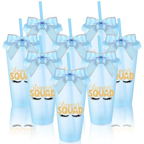 8 Pcs Blue Sleepover Party Supplies for Girls Slumber Party Cup Birthday Squad Cup with Lid Straw and Twist Bow 24 oz Plastic Coffee Tumbler Travel Mug for Spa Pajama Birthday Favor Stuff Teen Girl