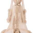 Women's Long Bridal Robes Tulle Lingerie Maternity Bathrobe Photoshoot Illusion Wedding Scarf Party Nightgown (X-Large, Champagne)