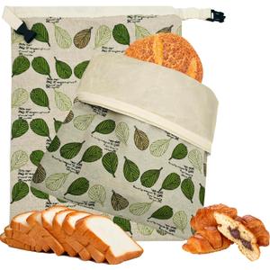 Reusable plastic-free beeswax lined - FDA cleared -fabric bread bags, beeswax toast storage pack (2ea),flax ciabatta storage pack, Moisture-proof fabric with zipper and buckle(Green Leaf)