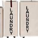 92L Large Laundry Hamper with Leather Handle,Standable Laundry Basket with Wheels ,Large Hamper,Rolling Laundry Basket White (Super Large 27.5", Beige/XXL)