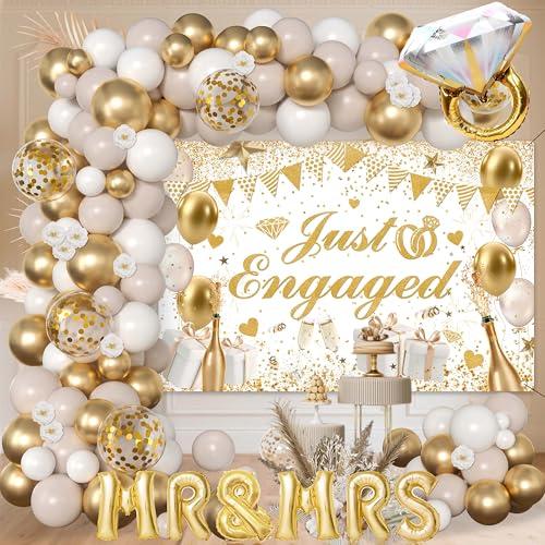 Engagement Party Decorations for Couple,White and Gold Balloon Arch Garland, Just Engaged Backdrop,MR and MRS Balloons
