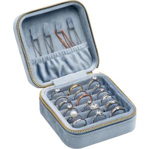 COWFEX Velvet Multiple Square Ring Box Jewelry Organizer Display Tray with Zipper Around, Earring Holder Case for Wedding Birthday Christmas Valentine Day (Light Ocean Blue)