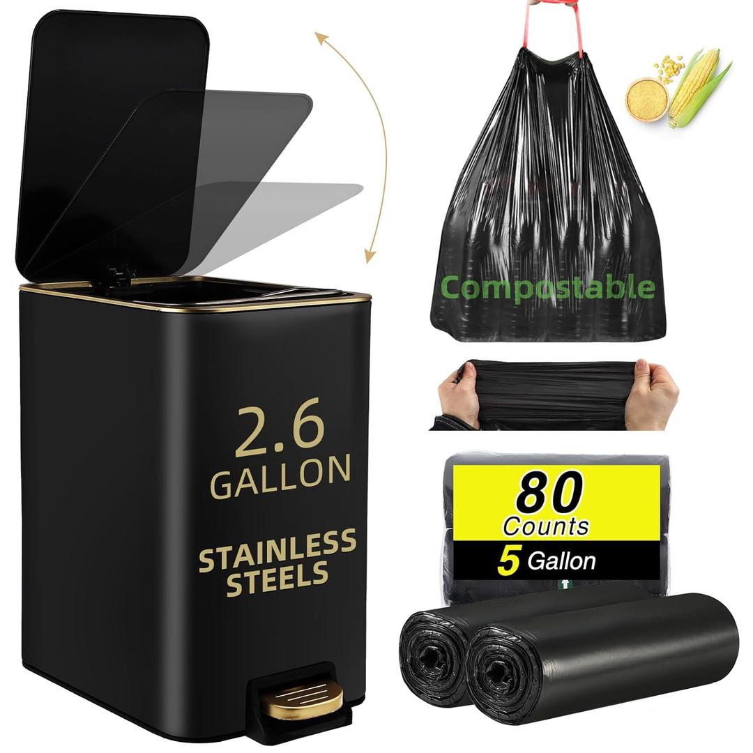 Small Bathroom Trash Can with Lid Soft Close, 10 Liter / 2.6 Gallon Stainless Steel Garbage Can with Removable Inner Bucket,80Count Compostable Trash Bags, Slim Step Pedal Trash Bins (Black and Gold 2)