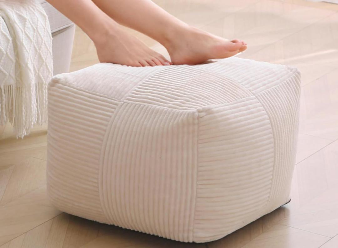 Corduroy Pouf Ottoman Foot Rest, Square Floor Pouf with Removable Cover, Soft Foam-Filled Foot Stool with Non-Slip Bottom for Living Room, Bedroom & Lounge