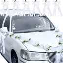 Suncalla Just Married Car Decorations Wedding Car Door Handle Flowers White Artificial Flowers Bouquet Ribbon Set Elegant Wedding Party Decorations for Vehicle Hood Door Handles and Rearview Mirrors