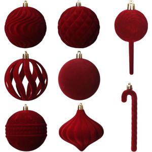Senjie 63 PCS Velvet Ornaments Balls Sets for Christmas Tree Bulk Red Flocked Christmas Balls Assortment for Xmas Tree Holiday Decor