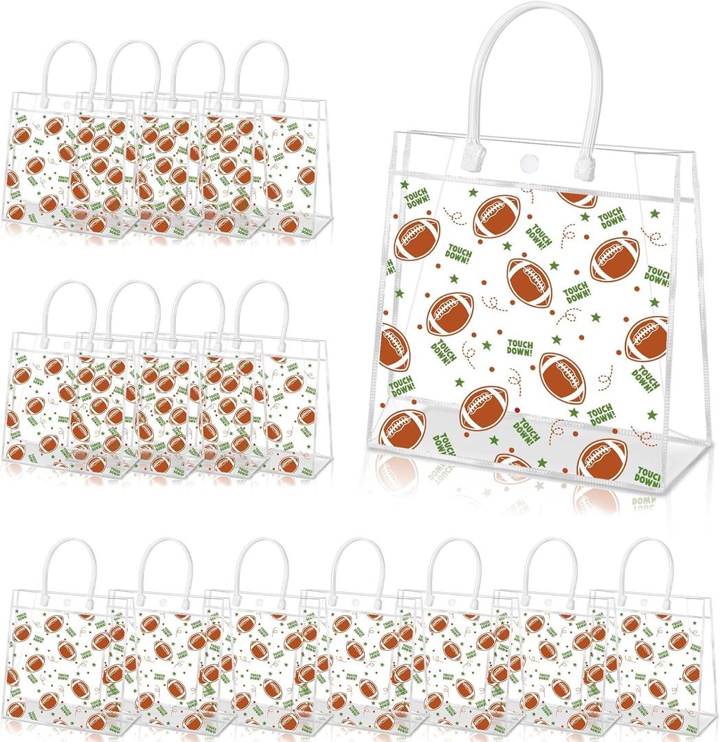 16Pcs Football Goodie Bags, HYMENEX Football Gift Bags with Handles Superbowl Party Decorations Clear PVC Football Snack Treat Bag for Super Bowl Supplies Team Birthday Party Sport Favor