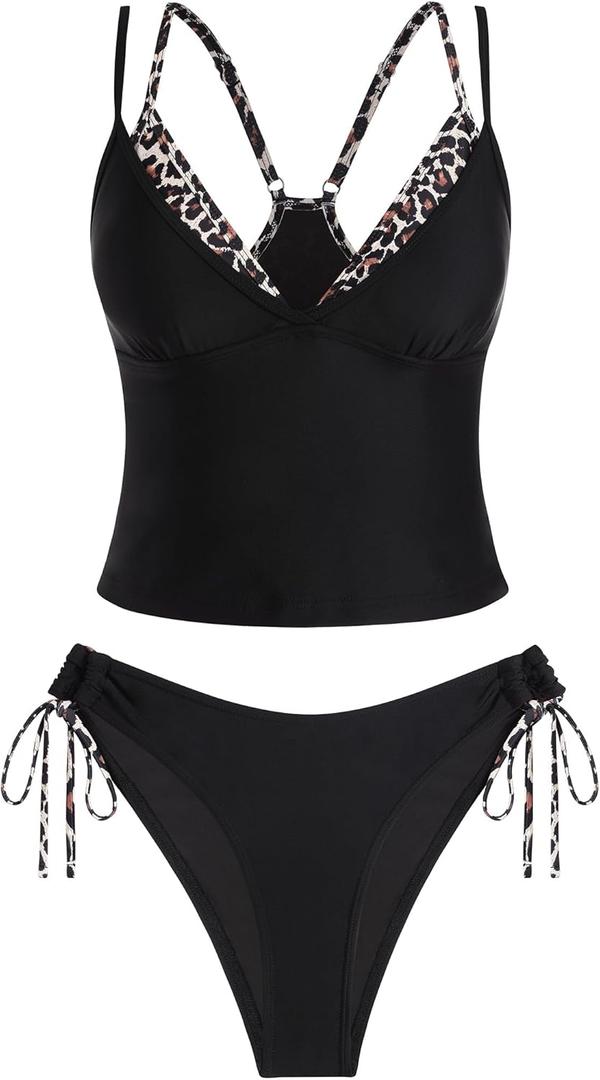 ZAFUL Women Double Layer Tankini Set V Neck Color Block Swimsuit Side Tie Two Piece Bathing Suit L