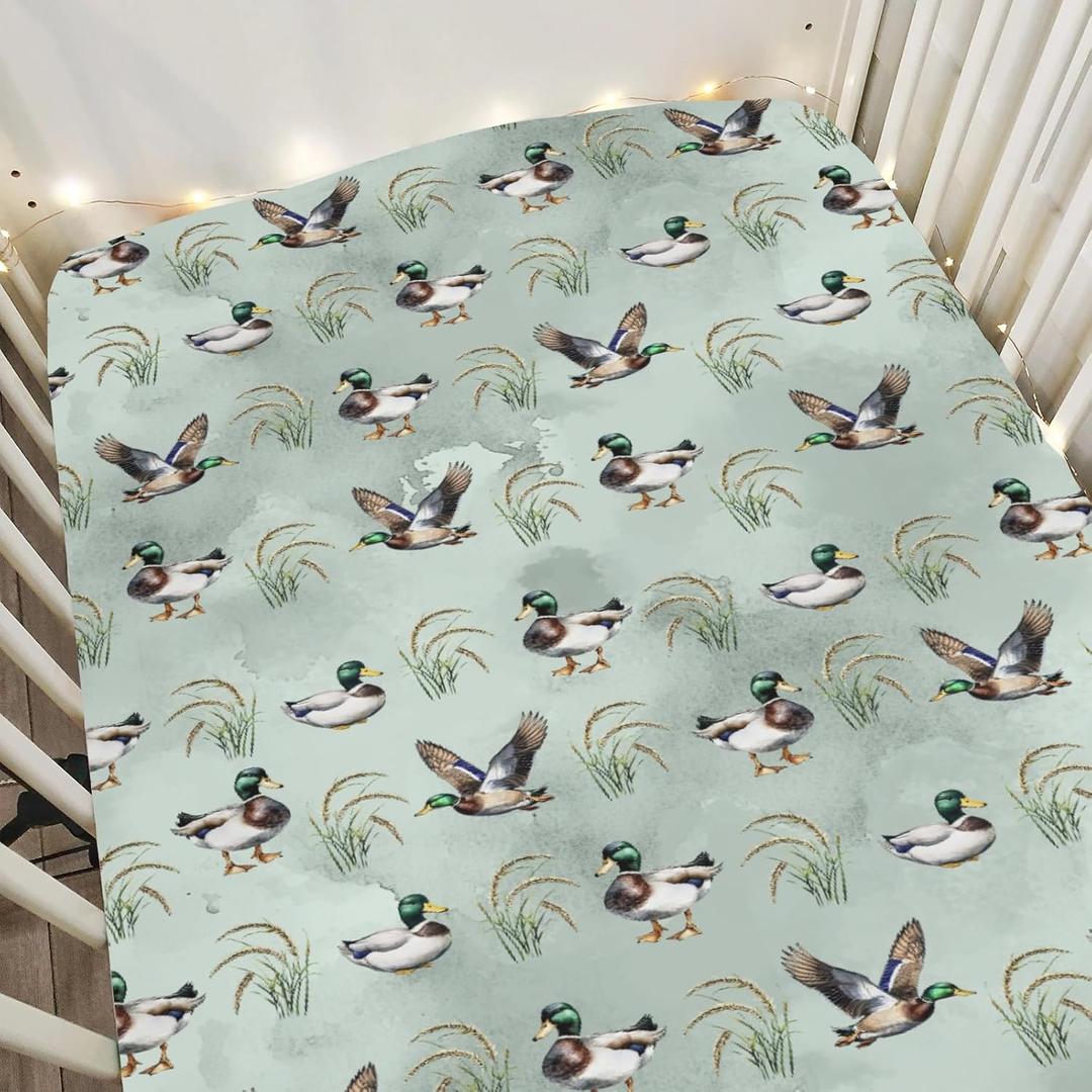 Vintage Mallard Duck Baby Crib Sheets for Boy Girl 28"x52" Hunting Duck Green Leaves Soft Snug Fitted Crib Mattress Cover Wild Duck Animal Baby Sheet for Standard Crib & Toddler Mattress Pad (One size)