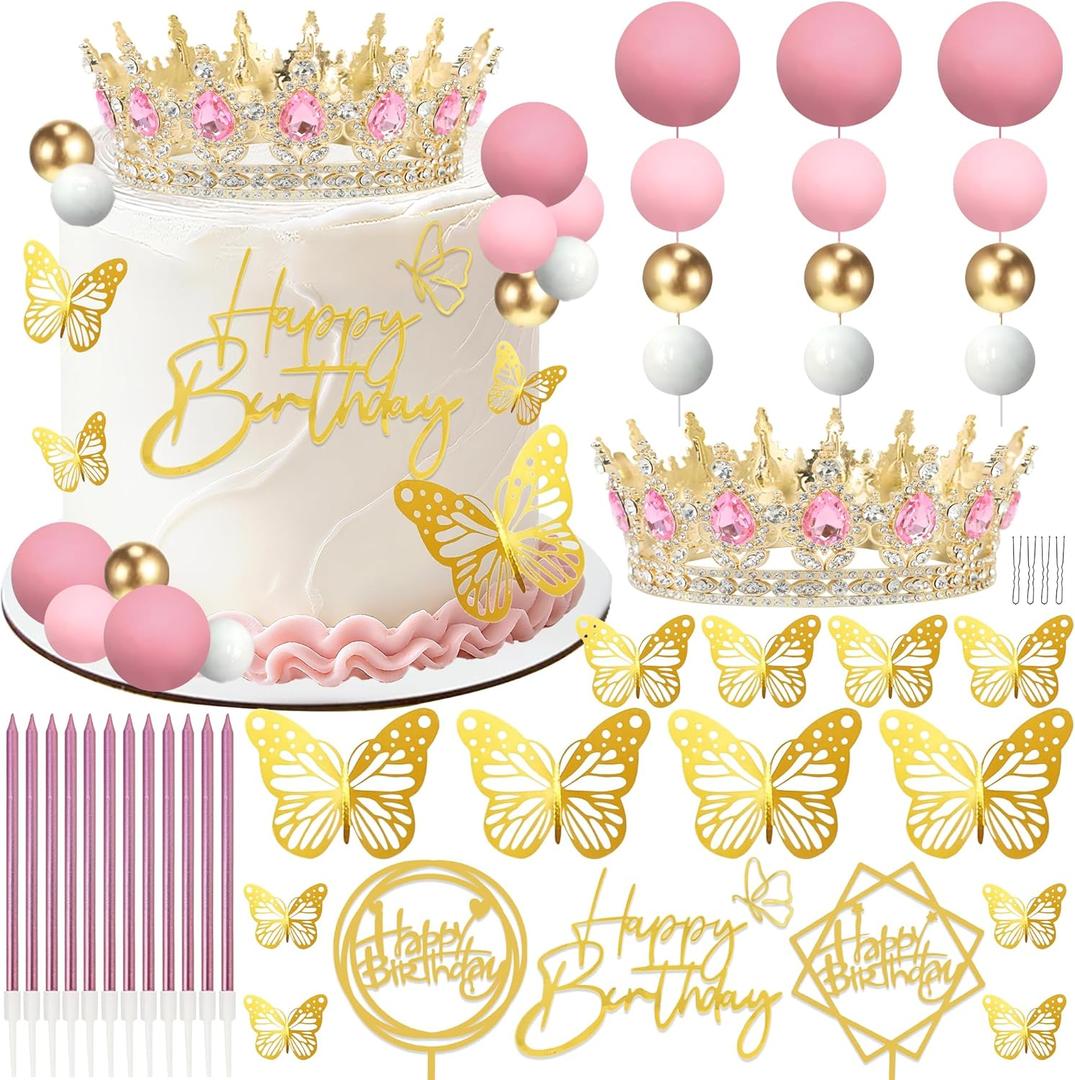 AMZVALU Corona Para Pastel, Crown Cake Topper, 3 Happy Birthday Cake Toppers, Balls Candles Butterflies Cake Decorations, Birthday Crown for Women Queen Princess Party Wedding (Gold, Pink)