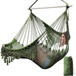 Chihee Hammock Chair Super Large Hanging Chair Soft-Spun Cotton Rope Weaving Chair, Collapsible Strong Metal Spreader Bar Wide Seat Lace Stretch Swing Chair Indoor Outdoor Garden Yard Theme Decoration (Amry-green)