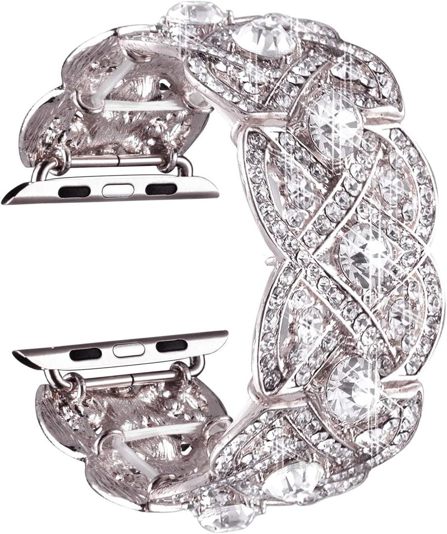 VIQIV Bling Bands Compatible with Apple Watch Ultra Band 38mm 40mm 41mm 42mm 44mm 45mm 49mm Iwatch Series SE 9 8 7 6 5 4 3 2 1, Diamond Rhinestone Stainless Steel Metal Bracelet Wristband Strap for (Silver)