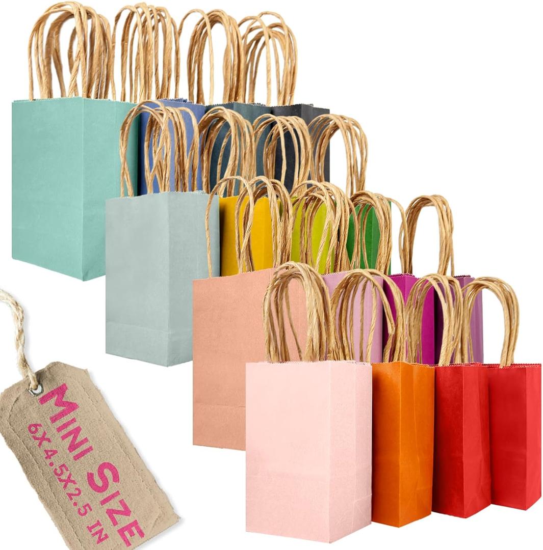 Qiqee 32 Pcs Mini Paper Gift Bags with Handles 6"x4.5"x2.5" Small Brown Kraft Party Favor Bags 16 Different Senior Color Rainbow Treat Bags Multiple Uses (Mini size)
