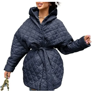 BTFBM Women Button Down Quilted Jacket Coat 2023 Fall Winter Fashion Belt Pockets Removable Padded Hood Puffer Outerwear L Navy