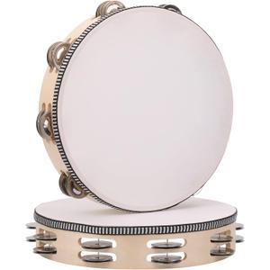 2Pack 10 Inch Double Row Tambourine for Adults Wooden Hand Held Drum Bell Tambourine with Metal Jingles, Percussion Musical Instruments Hand Tambourine for Church, KTV, Party