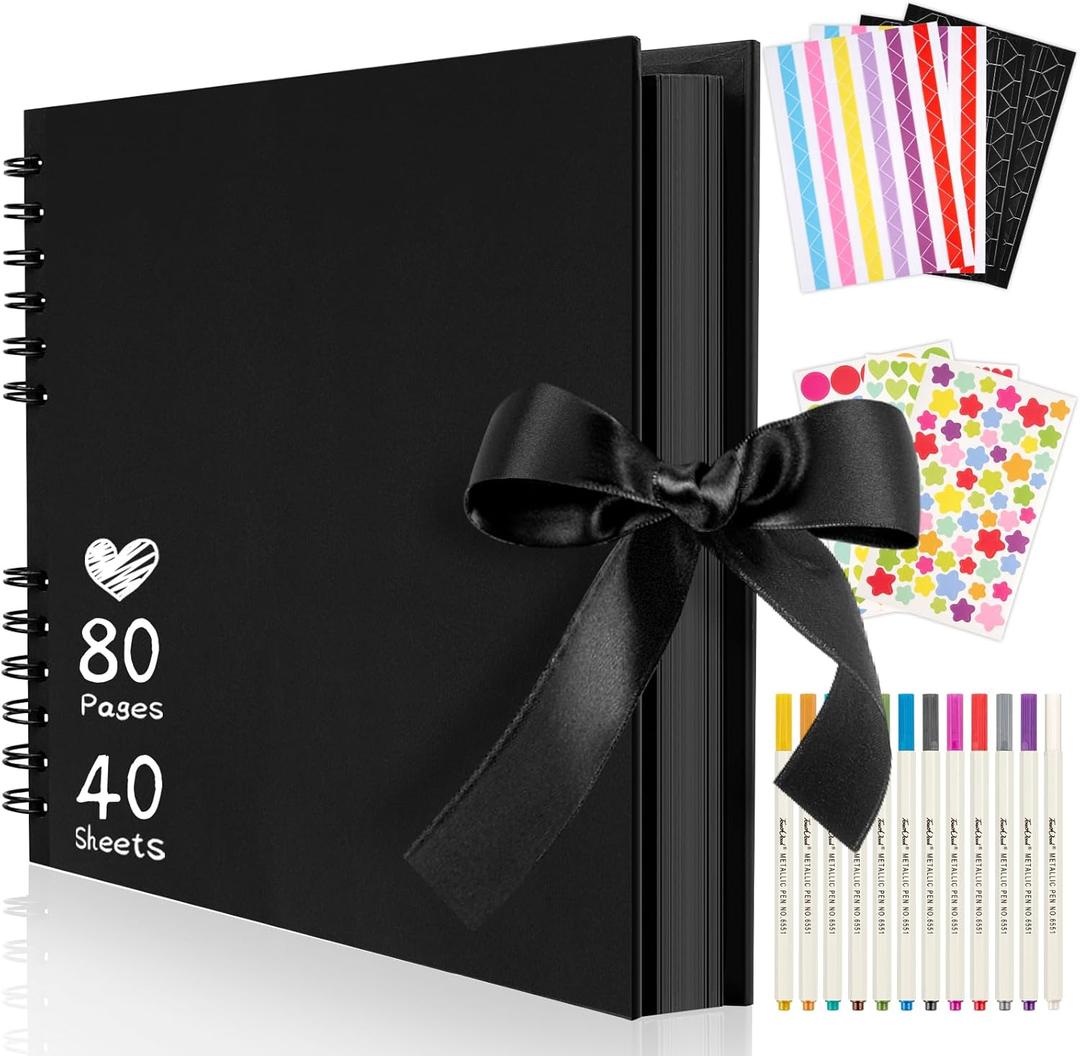 11.5 x 8.5 Inch Black Scrapbook Album, 80 Pages Photo Album with Black Pages, Kraft Paper Hardcover Memory Book with DIY Accessories Kit for Mother's Day Wedding Travel
