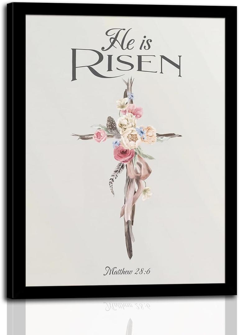 2 x dzbLuck He Is Risen Christian Wall Art, Floral Cross Print in Wood Frame, 8"L x 10"W