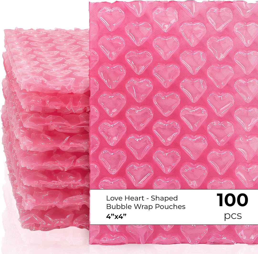100 Pcs 4"x4" Love Heart-Shaped Bubble Wrap Pouches, Rose Red Double-Walled Anti-Static Mailing Bags for Packing Shipping Storage Self-Seal Cushioning Envelopes for Gifts Ornaments Fragile Items