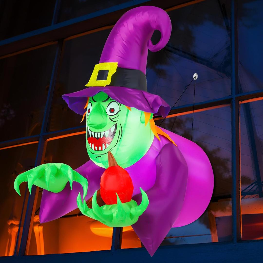 4 FT Halloween Inflatables Window Witch Wizard Outdoor Decorations, Flying Window Blow Ups with Build-in LED Lights, Funny Yard Garden Decoration for Halloween Party Indoor Outdoor
